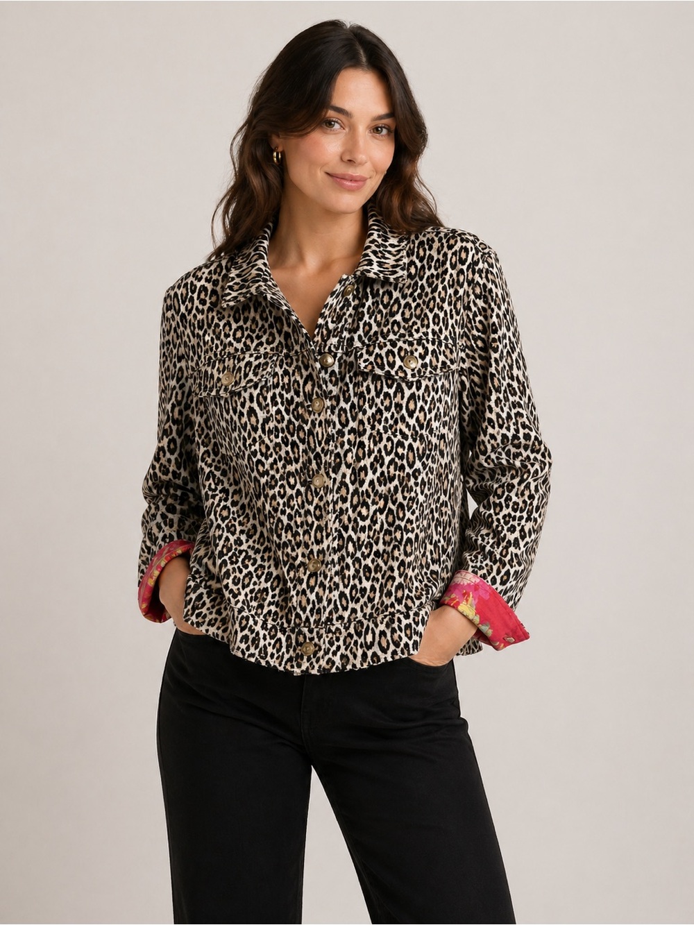 Leopard Print Cropped Jacket w/ Floral Contrast Trim Boho One Size